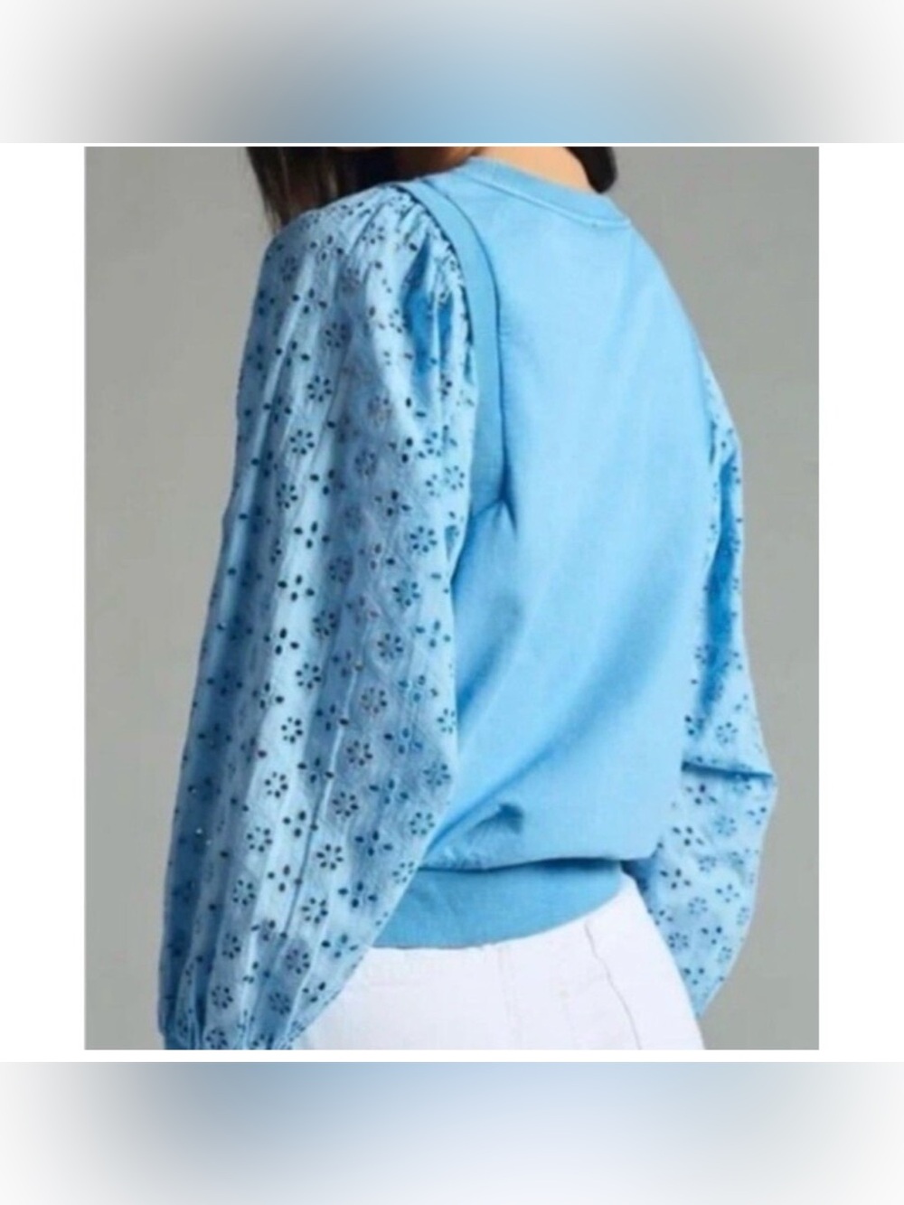 ANTHROPOLOGIE PILCRO Washed Light Blue Eyelet Sleeves Lace Pullover Sweatshirt - Picture 3 of 10